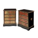 A pair of Napoleon III ebonised, scarlet tortoiseshell and brass marquetry side cabinets