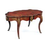 A Napoleon III scarlet tortoiseshell and brass marquetry serpentine centre table