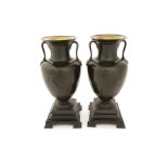 A pair of 19th century French patinated bronze twin-handled Grand Tour Etruscan style urns