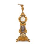 A late 19th century French champlevé enamel timepiece in the form of miniature longcase clock