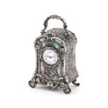 Late 19th century German 800 Standard silver and mother of pearl miniature boudoir timepiece in th