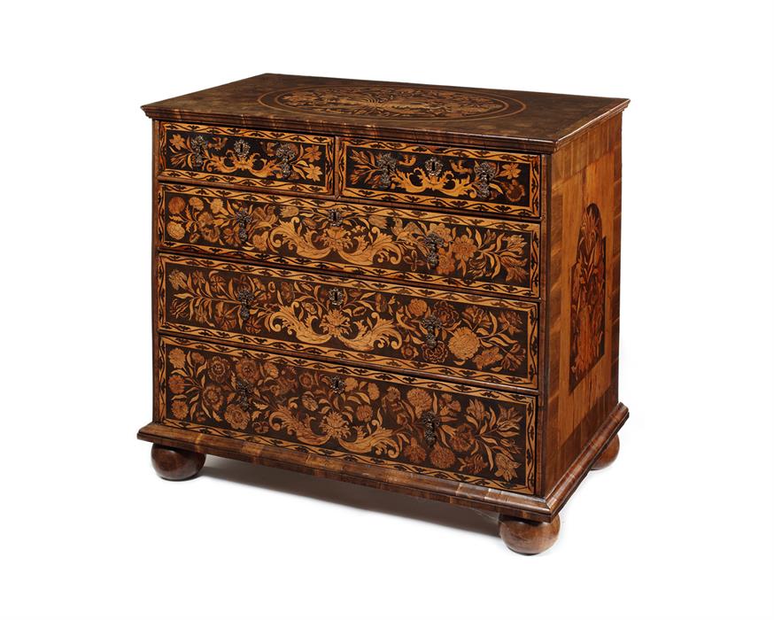 A William and Mary walnut, sycamore banded floral marquetry and oyster veneered chest