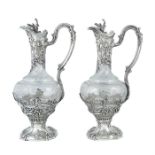 A pair of French silver-mounted etched glass claret jugs by E. Puiforcat, Paris, late 19th century