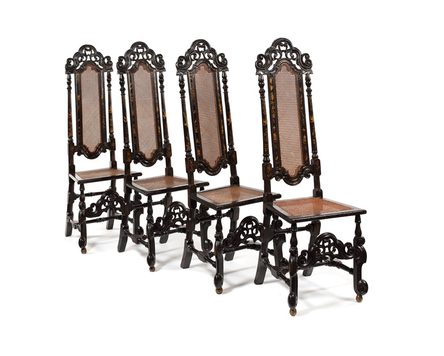 A set of four William and Mary black japanned high back side chairs