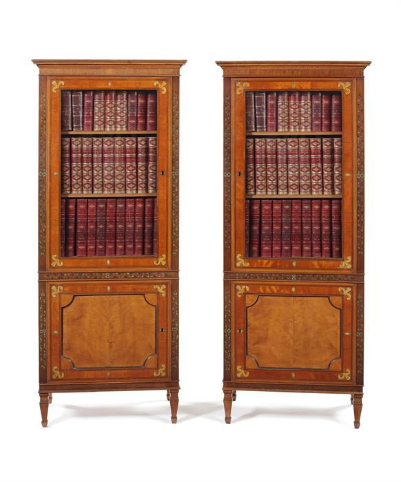 A pair of late George III satinwood and painted display cabinets attributed to Seddon