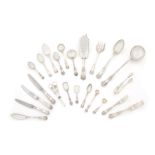 A composite Queens pattern silver table service of flatware and cutlery, principally Victorian