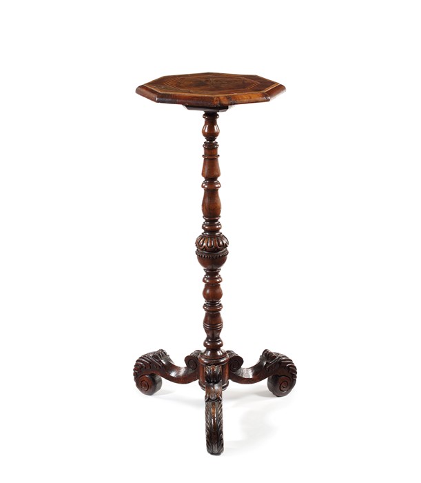 A late 17th century Dutch walnut and oyster veneered candle stand