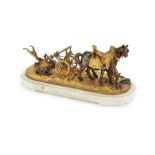 A late 19th century silvered and gilt bronze model of a pair of plough horses and plough
