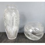 Two crystal vases, one Bretby vase, one Bombay vase.