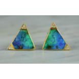 A pair of 18ct gold dark opal and diamond earrings of triangular form, 8.7g in total.