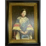 A 20th century oil on canvas, portrait of a Chinese girl, seated in traditional attire, indistinctly