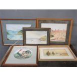 A group of watercolours, including landscapes, one by F. Lane depicting sailing ships etc.