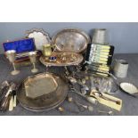 A group of silver plateware including trays, boxed flatware, cups etc.