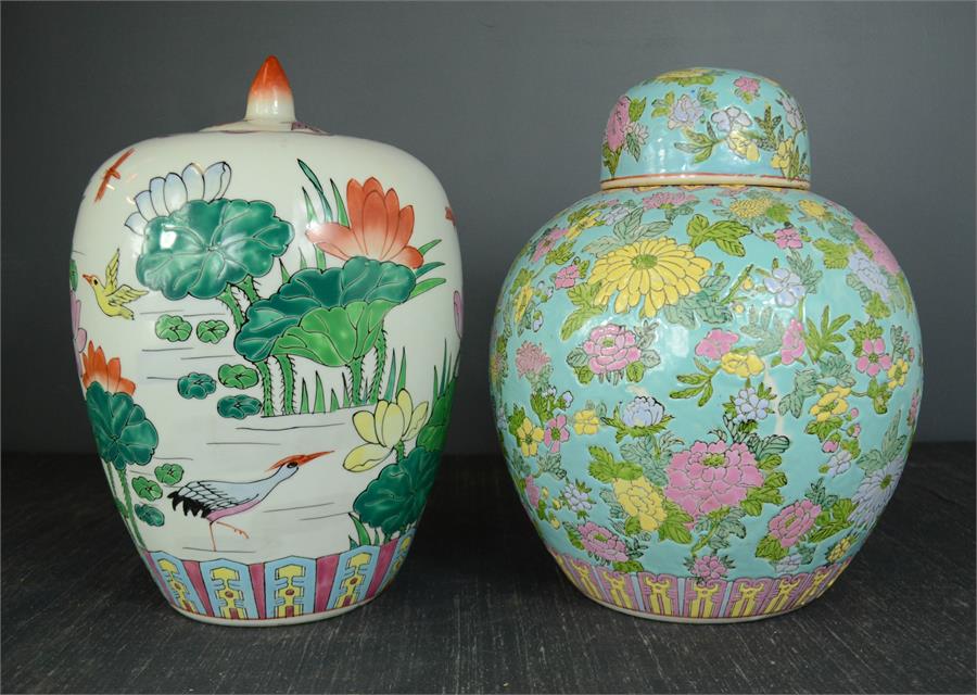 Two Chinese jars: one ginger jar with pale blue ground. 32cm high. 25cm wide