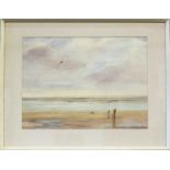 K Sandbach (20th century): beach landscape with figures flying a kite, dated 1972, 36 by 50cm.