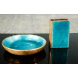 An Arts & Crafts copper and turquoise enamelled matchbox holder and ash tray. Ashtray 1.5cm deep,