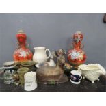 A group of miscellaneous ceramics including two large orange ground baluster vases.