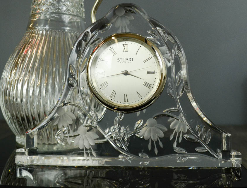 A Stuart crystal mantle clock etched with Fuchsia's, together with a Claret jug with silver plated - Image 2 of 2