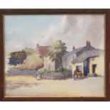 A watercolour depicting horse and figures in a yard, unsigned, 24 by 29cm.