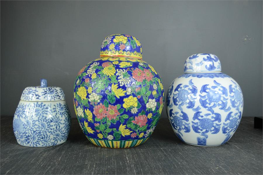 Two Chinese ceramic ginger jars, and a blue and white jar. - Image 2 of 2