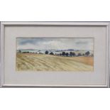 G Rees Teesdale: After Harvest, watercolour, 16 by 36cm.