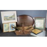 A quantity of pictures together with a large oval tray and a wooden garden flower basket.