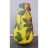 A Galle style vase, yellow with umber etched flower, 25cm high.