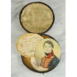 A miniature oval oil on ivory, 19th century, portrait of a French soldier in military dress.