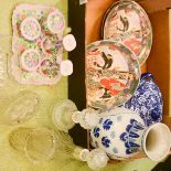 A group of glassware and ceramics to include jelly mould, blue and white vase, dressing table