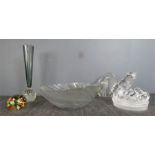 A Wedgwood crystal handmade paperweight depicting a heron, a paperweight, a bowl and bud vase and