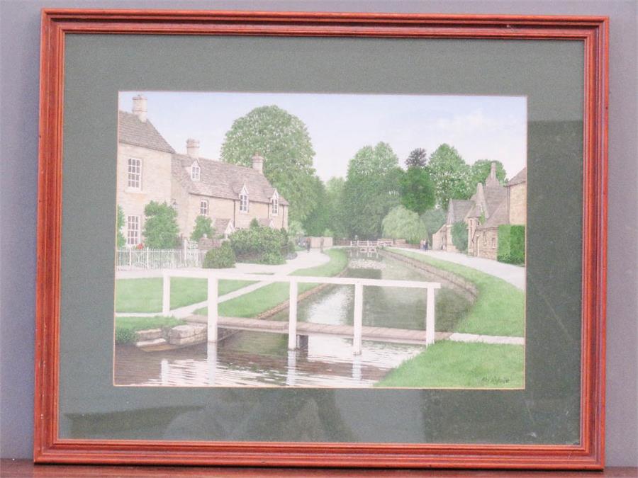 Rex Nichols (20th Century): village by the river, watercolour, 31 by 43cm.