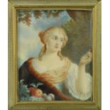 Cosway; miniature portrait, young woman holding a cherry, oval oil on ivory, in a rectangular gilt