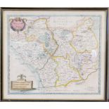 An 18th century hand tinted map of Leicestershire by Robert Morden, 40 by 46cm.