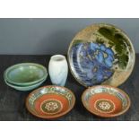 A group of stoneware and terracotta bowls and dishes, one Studio pottery plate and a Copenhagen B&