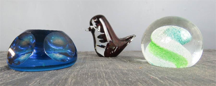 Three glass paperweights; Webb Corbett, one in the form of a bird.