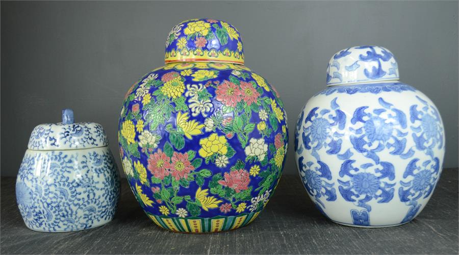 Two Chinese ceramic ginger jars, and a blue and white jar.