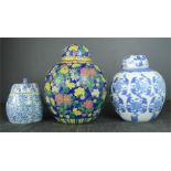 Two Chinese ceramic ginger jars, and a blue and white jar.