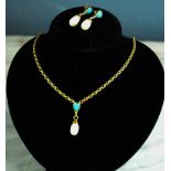 An 18ct gold, opal and pearl pendant and earrings set, the pear shaped dark opals with freshwater