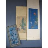 Two Japanese scrolls and a Chinese silk embroidered panel.