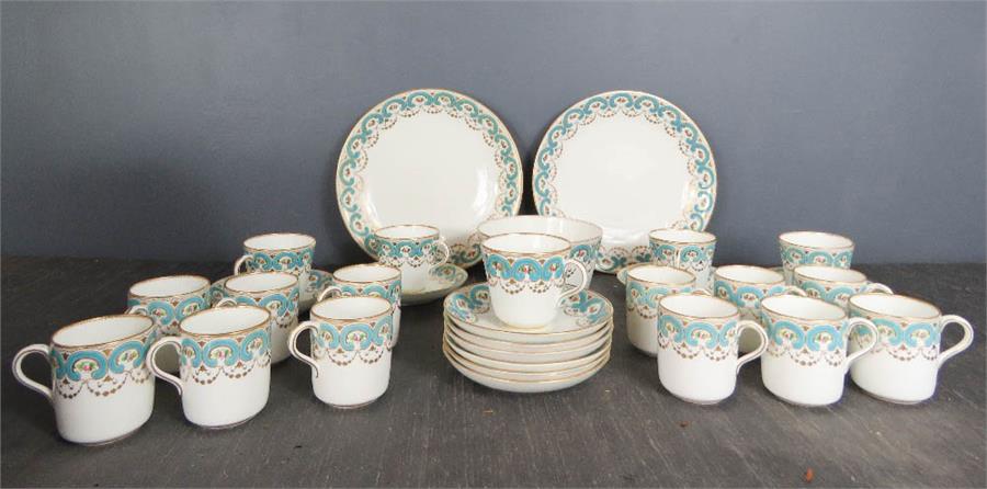 An Edwardian tea set with turquoise enamel borders.