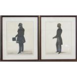 A pair of hand painted black and white silhouettes of gentlemen in formal attire, circa 1900.
