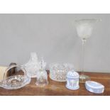 A group of crystal ware including tall stem vase, bowl, bell basket etc.