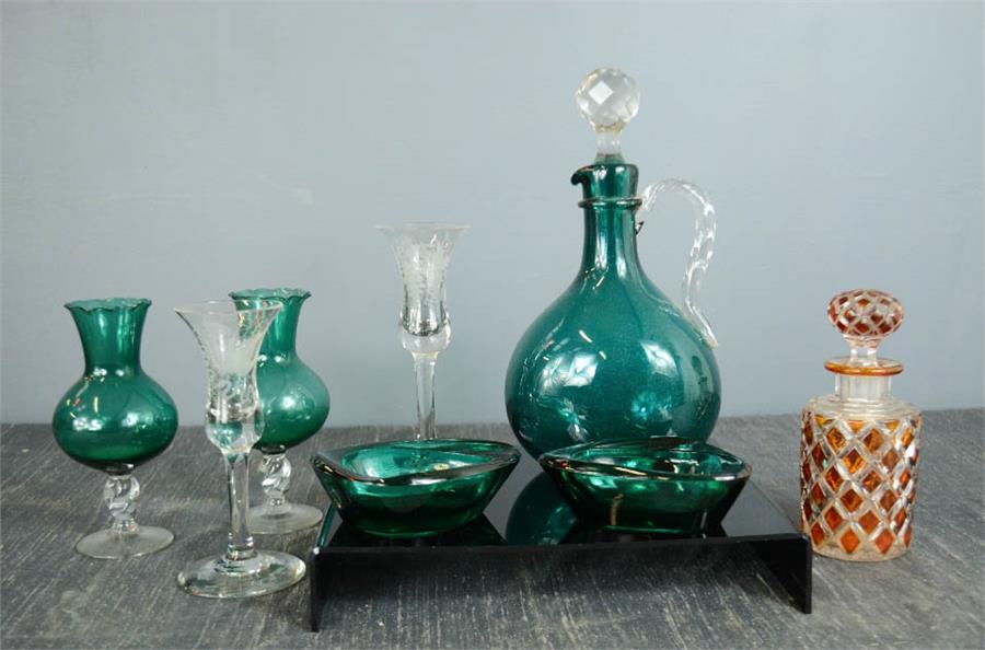 A group of glassware including cut glass perfume bottle, decanter, bud vases, turquoise dishes,