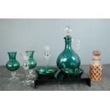 A group of glassware including cut glass perfume bottle, decanter, bud vases, turquoise dishes,