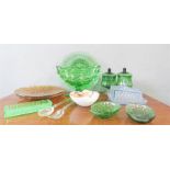 A group of green glassware, retro vases etc.