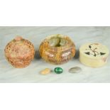 An onyx trinket box, a pietra dura trinket box, and a soapstone carved trinket box, together with