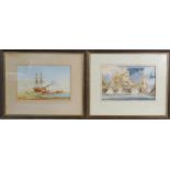 David C Bell: Ships in battle and ships moored, 13½ x 21cm