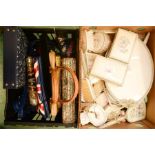 A group of hand bags and dressing table sets.