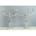 A pair of silver plated candleabra, with three candlesockets, raised on swirling branches, 19½