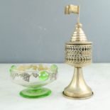An Arts & Crafts glass dish, and an Arabic white metal incense burner 17cm high.